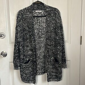 FRNCH Black White Marble Heavy Knit Sweater Cardigan size S/M open front pockets